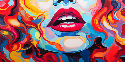 Woman's mouth with colorful lips and a smile in the style of psychedelic pop art poster