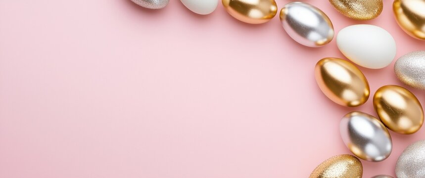 Colorful Easter eggs arranged in an oval shape on a pink background for festive spring celebrations - Powered by Adobe