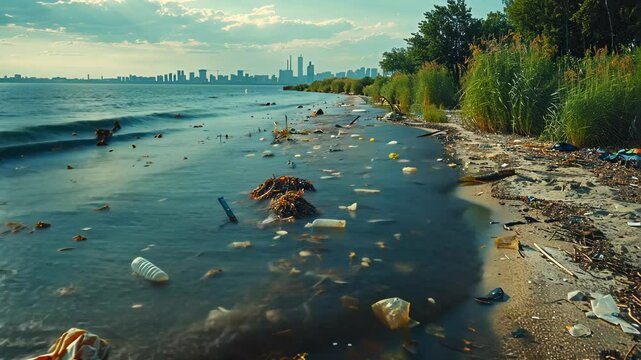 Littered Shoreline with Urban Skyline in Background Under Cloudy Sky