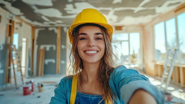 Smiling architect woman taking selfie wearing hard hat in building under construction