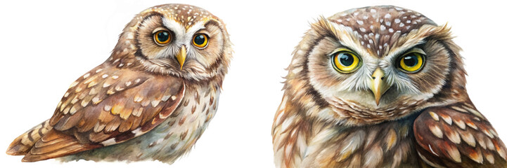 Realistic owl illustration, detailed watercolor art, nature wildlife portrait, artistic bird depiction, vibrant colors, animal lovers' decor.