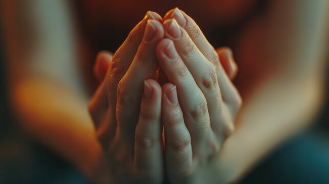 Mindful meditation focus: hands in prayer position for inner peace and serenity