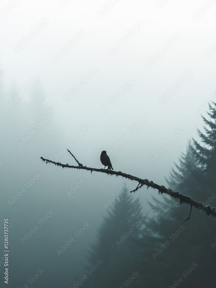 Aufkleber Lone bird perched on a dead branch against a misty forest backdrop in the early morning light. Generative AI