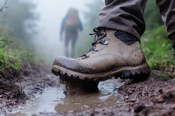 A pair of hiking boots stuck in muddy terrain