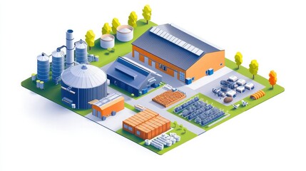 Obraz premium A colorful, isometric illustration of a modern industrial complex featuring warehouses, storage, and machinery surrounded by trees and greenery.