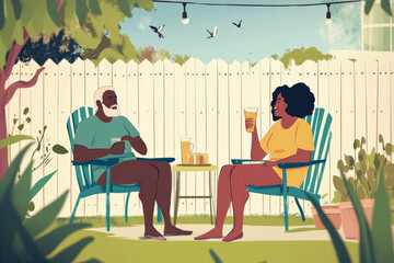 Black senior couple relaxing in their backyard, watching birds fly by, sipping homemade lemonade, enjoying a peaceful summer afternoon.