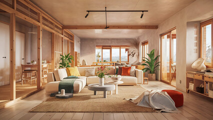 A Modern Japandi-Style Living Room Showcasing a Harmonious Blend of Japanese and Scandinavian Design Elements
