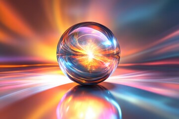 Colorful glass sphere reflecting light in a vibrant abstract background