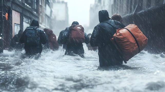 People navigating through a flooded urban street during a heavy rainstorm, showcasing resilience