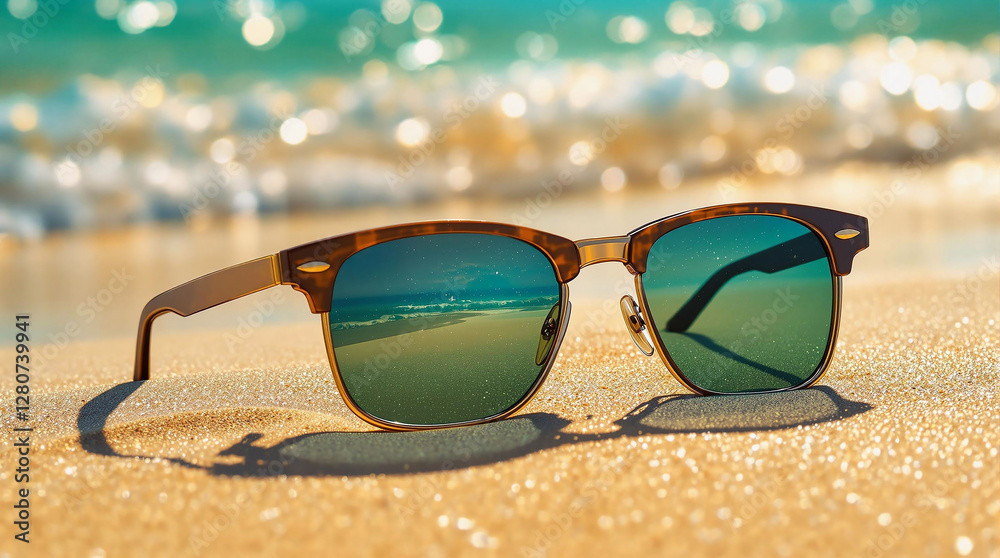 Poster a pair of sunglasses placed on the sandy beach, with the shimmering ocean waves gently lapping at th