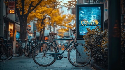 bicycle in the garden Bicycle parked on the footpath in the park. at a city There is a billboard on the wall