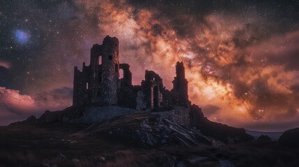 Fototapeta premium magical nightscape of a castle ruin under a sky filled with the Milky Way glowing arms