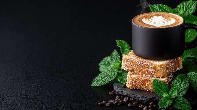 Steaming latte art coffee cup on pastries with mint