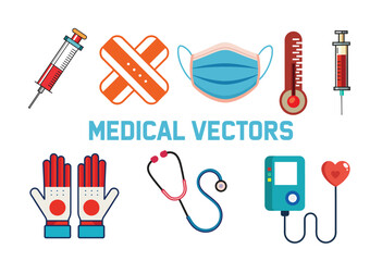 set of medical icons, medical vector, healthcare icons, doctor tools, hospital elements, first aid kit, stethoscope, syringe, pills, heartbeat line, ambulance, nurse cap, thermometer