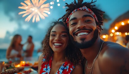 Couple selfie at beach bonfire with fireworks.  Possible use Social media post, greeting card, stock photography