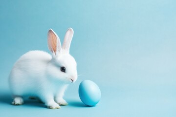 Obraz premium Easter bunny rabbit playing with blue painted egg on blue background. Easter concept, April holiday wallpaper. Copy space.