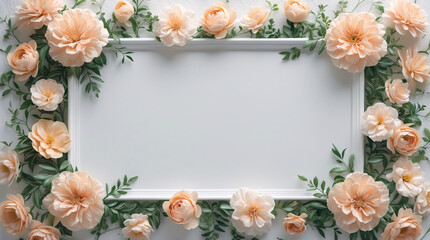 Soft pastel peach flowers encircling a white tray for a soft and sophisticated home decor and display idea for Copyspace and Text Background