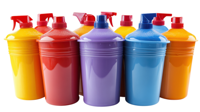 Brightly colored spray bottles lined up for cleaning tasks in a cheerful workspace