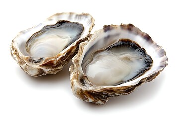 Fresh oysters, open shells, white background, seafood