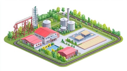 A vibrant illustration of an industrial facility featuring tanks, buildings, and a surrounding landscape with trees and open areas.