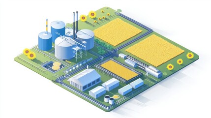 A colorful isometric illustration of a factory with silos and fields, representing industrial and agricultural themes.