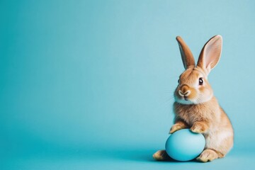 Obraz premium Easter bunny rabbit playing with blue painted egg on blue background. Easter concept, April holiday wallpaper. Copy space.