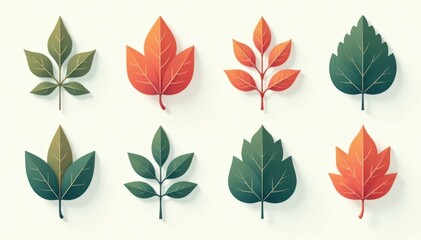 Obraz premium Set of minimalist leaf icons Thin line style, various shapes , fall, outline, green
