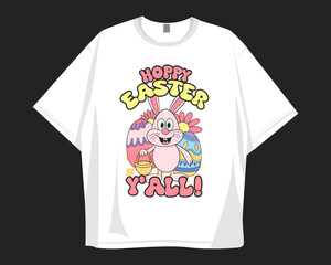 Easter t shirt design. Groove cartoon easter bunny graphic t shirt. Old school stye holidays design for festival