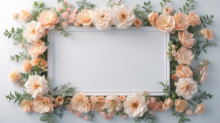 Soft pastel peach flowers forming a decorative frame around a white tray to elevate home decor styles for Copyspace and Text Background