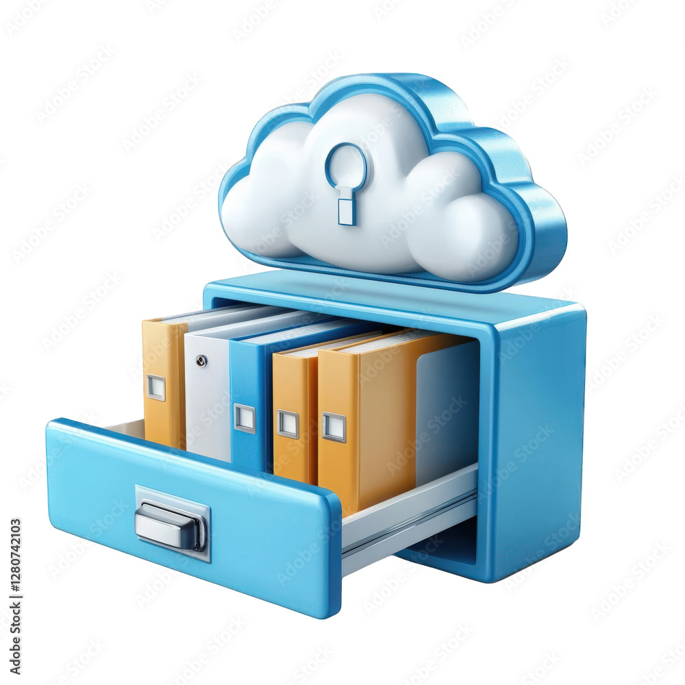 Poster files stored in folders, concept of cloud data storage