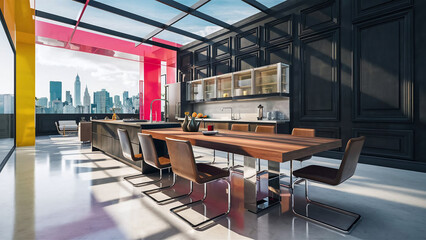  A Contemporary Kitchen With a Large Sleek Wooden Table and Chairs