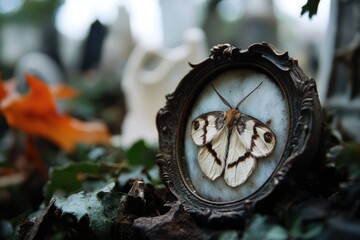 Fototapeta premium A colorful butterfly perched on the edge of a decorative picture frame