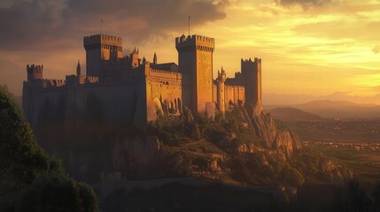 Fototapeta premium hill, its towers glowing under the last light of day. Shadows stretch across the stone walls.