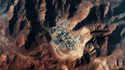 satellite capture of a hidden military base in a remote mountainous region, surrounded by camouflage structures
