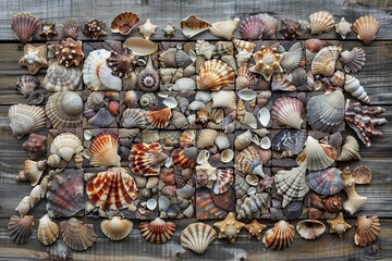Colorful Collection of Diverse Seashells Arranged on Wooden Surface