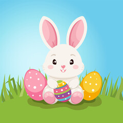 Cute Easter bunny with eggs, Happy Easter greeting card.