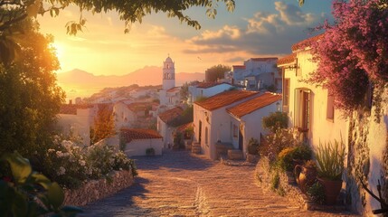village at sunset, where white-washed houses reflect warm golden light. The scent of the ocean drifts through cobblestone streets.