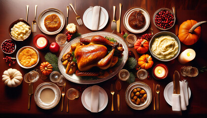 A festive Thanksgiving dinner table with a beautifully roasted turkey at the center, surrounded by mashed potatoes, stuffing, cranberry sauce, and warm dinner rolls