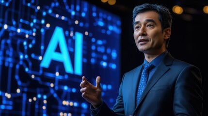A CEO stands on stage confidently explaining AI driven business solutions to an engaged audience. The atmosphere is electric with interest in innovative technology trends