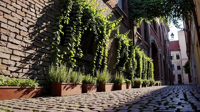 Low angle wide shot of an alley transformed into a lush herb garden. Urban Farming
