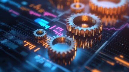 Futuristic gear mechanism with digital interface and data visualization