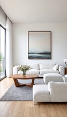 Fototapeta premium Minimalist Interior Design: A Modern Living Room with White Couches, Wooden Coffee Table, and Natural Light.