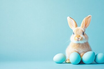 Easter bunny rabbit playing with blue painted egg on blue background. Easter concept, April holiday wallpaper. Copy space.