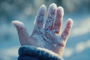 A person's hand is covered in frost