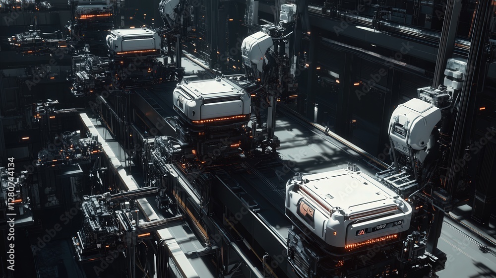 Poster advanced robotic factory producing self-sustaining ai colonies.