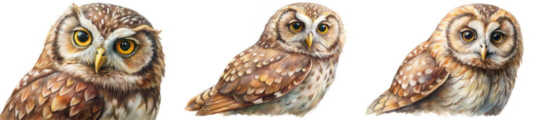 Naklejka premium Realistic owl illustrations, detailed feathers, vibrant colors, wildlife art, nature-inspired design, educational purposes.