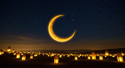 Fototapeta premium Golden Crescent Moon and Lanterns in a Starry Sky – Spiritual Serenity