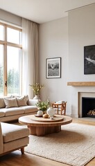 Fototapeta premium A modern living room with neutral tones and natural light.