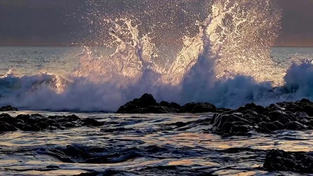 A single wave as it crashes against rugged rocks, the water&rsquo;s retreat leaving shimmering trails in golden light.
