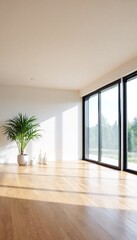 Fototapeta premium Room with Light Wood Floors and Large Windows.